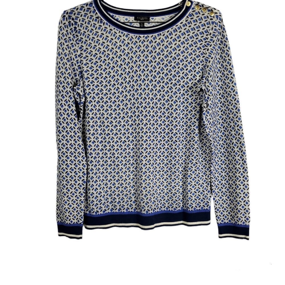 💥317 Talbots Blue And White Geometric Print Lightweight Sweater